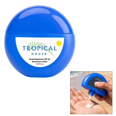 Round 1.7 oz bottle of SPF 30 sunscreen in blue