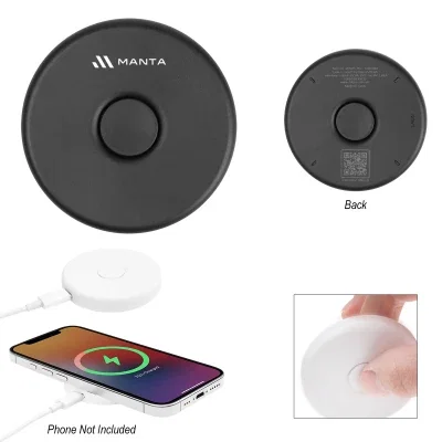 Round wireless charger in black recycled ABS with a spinning center