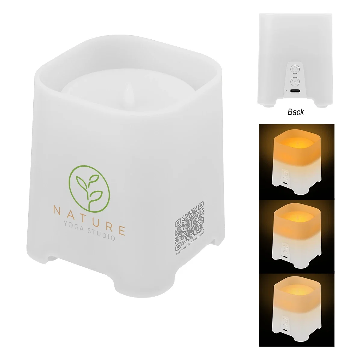 Flickering flame effect glowing through the frosted white housing