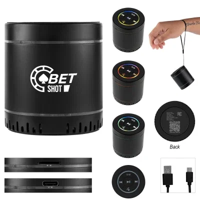 Cylindrical black speaker made from recycled ABS plastic