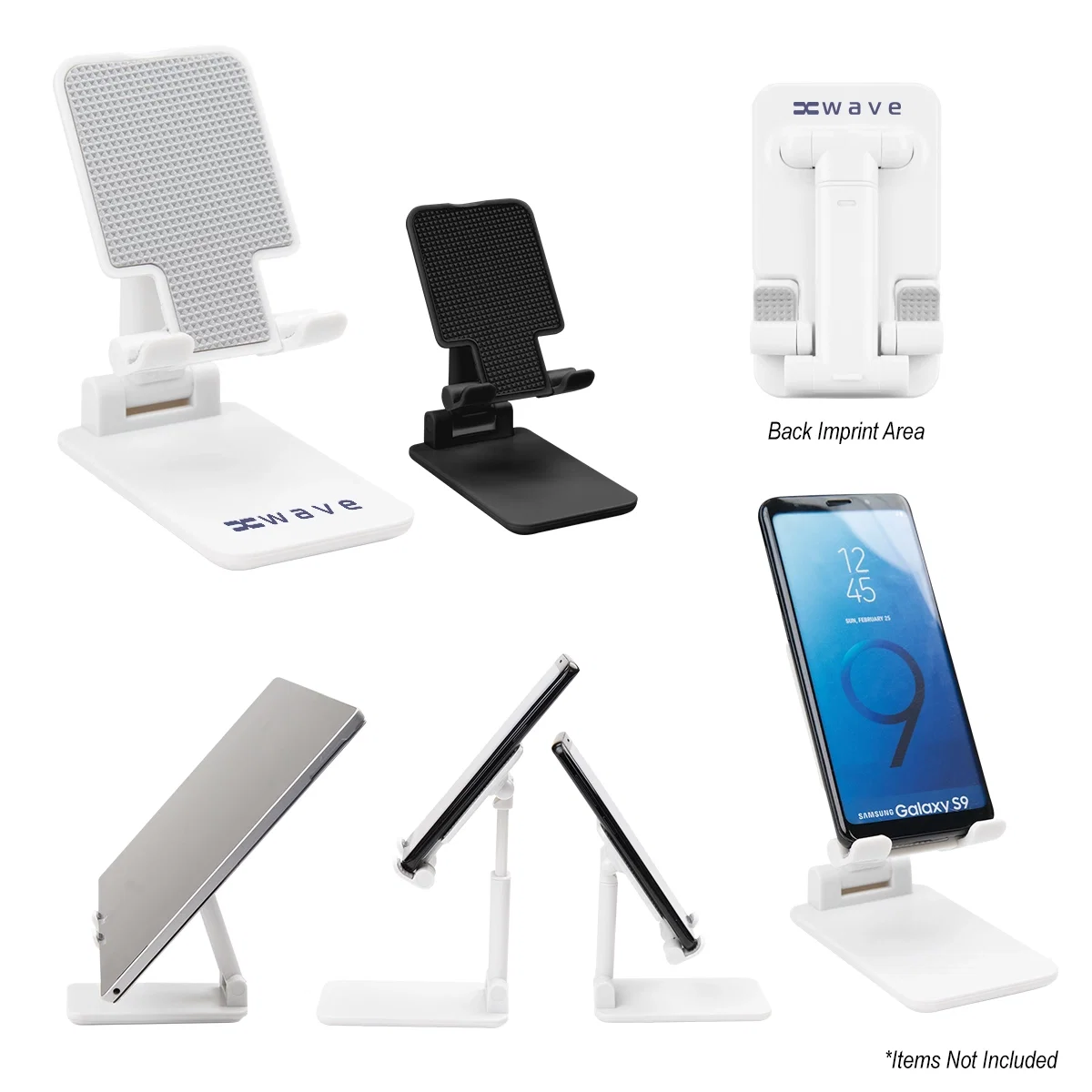 Recycled ABS phone and tablet stand shown open on a desk