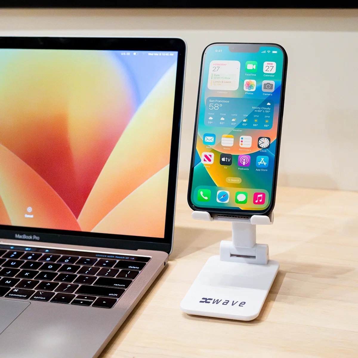 Straight-on view of the phone stand filling most of the frame