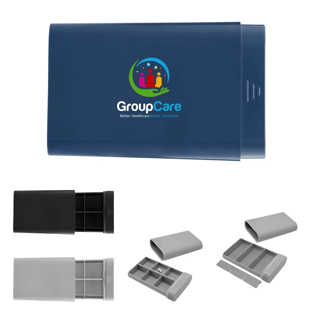 Recycled plastic pill case shown closed on a flat surface
