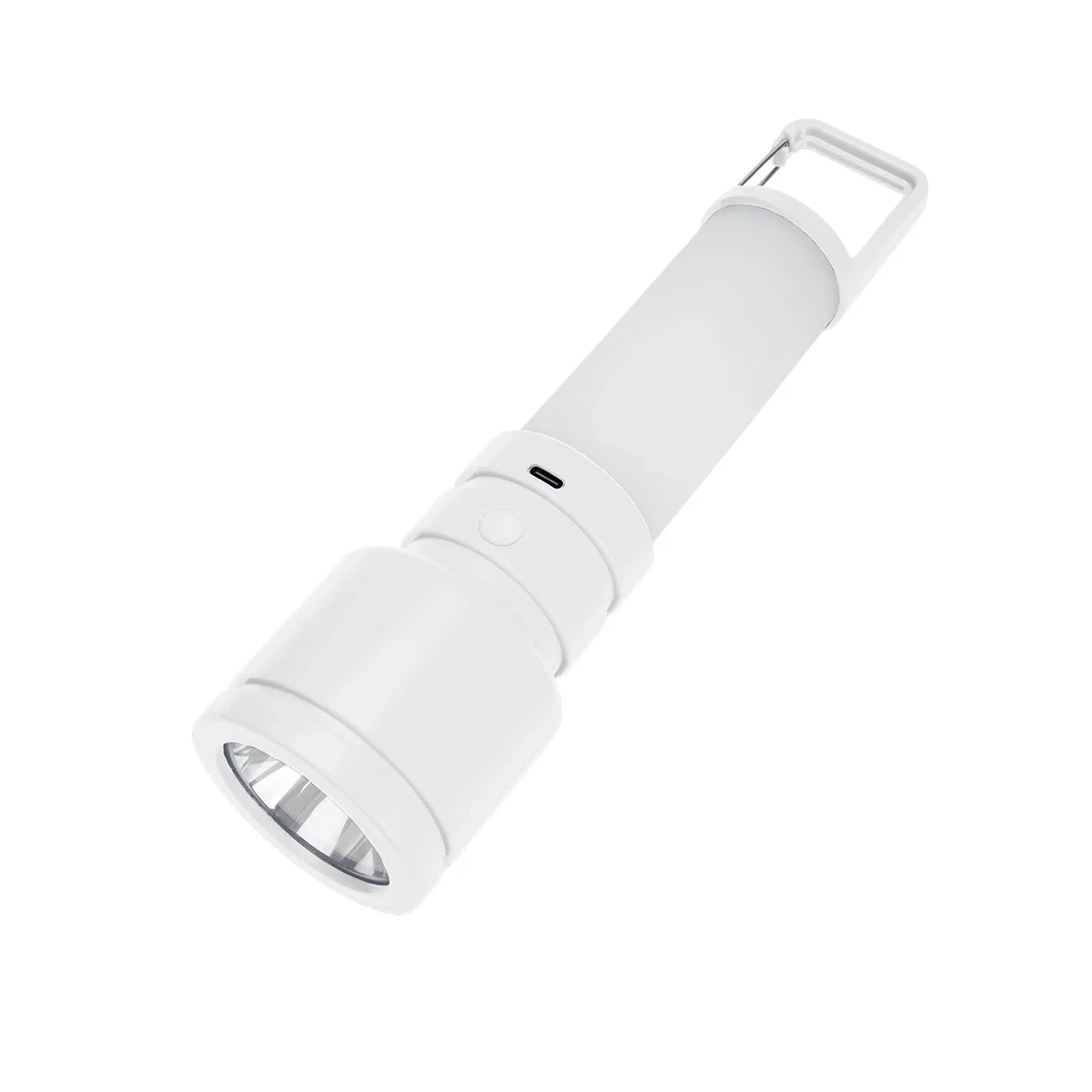 White model hanging from its built in carabiner