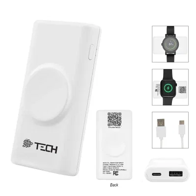Smart watch power bank in white, just over three inches tall