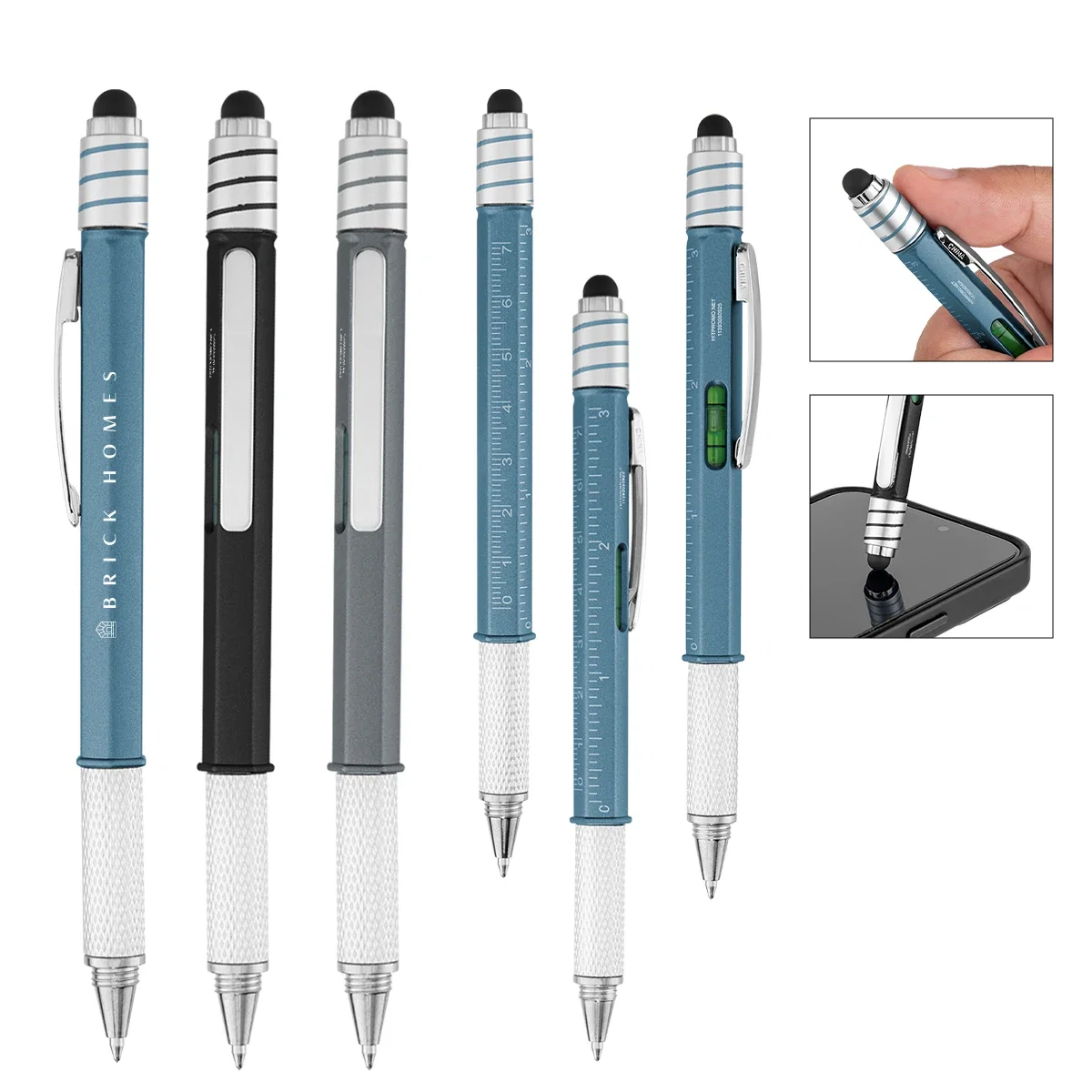 Stylus pen with a built in ruler and spinning top