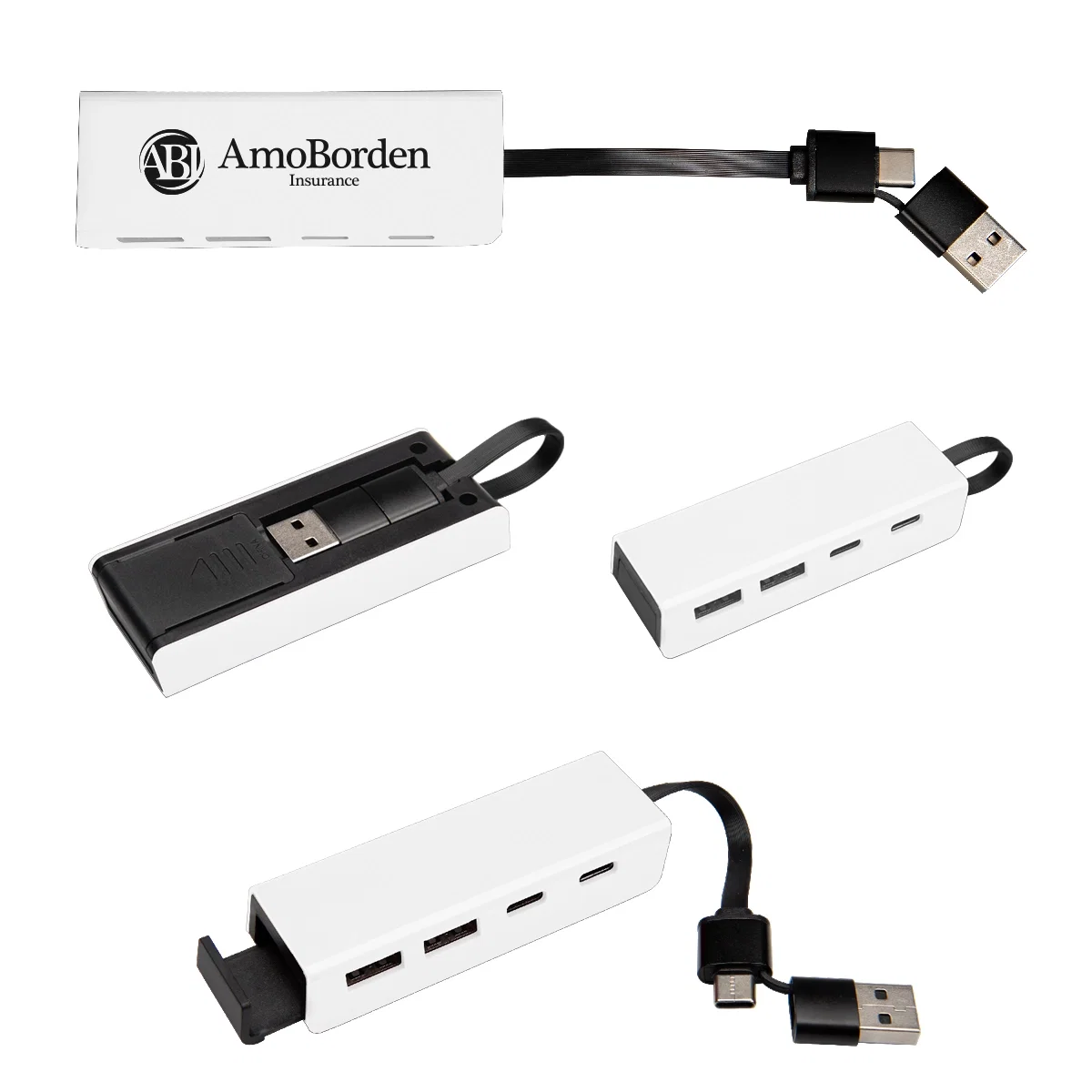 Recycled plastic USB hub that doubles as a phone stand