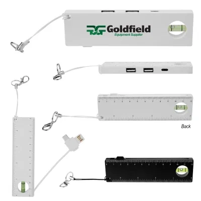 Five inch hub combining USB ports with a ruler and level