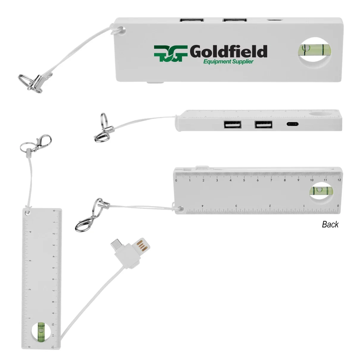 Multiple devices connected through the ports beside a laptop