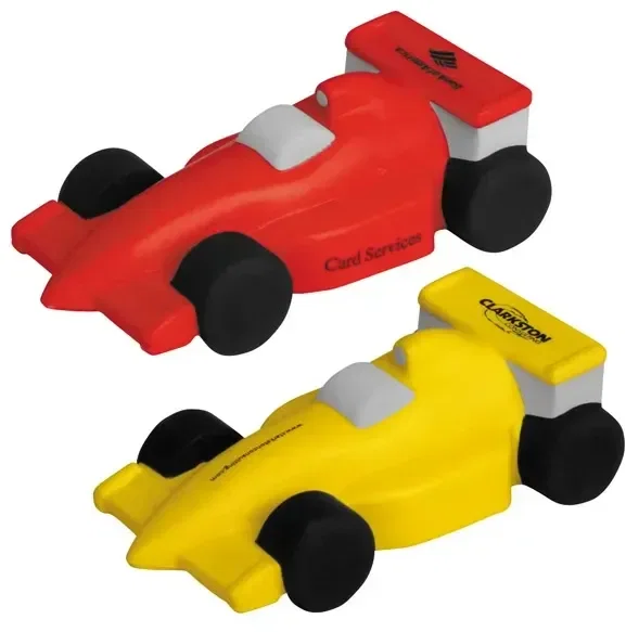 Race Car Stress Reliever hero shot, custom race-car-shaped promotional stress ball with logo