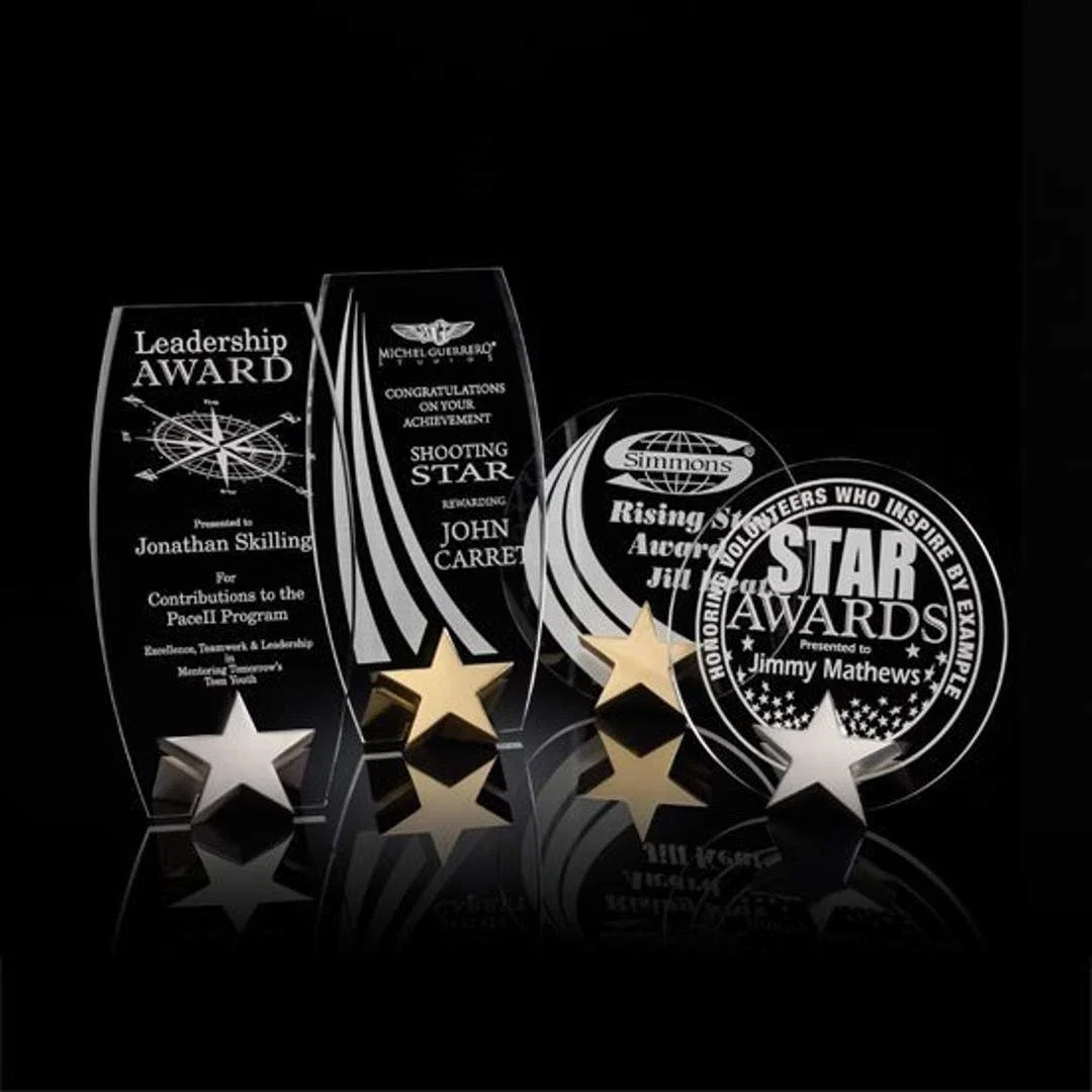 Custom Cast Metal Star Award Holds a Round Acrylic Panel for employee recognition