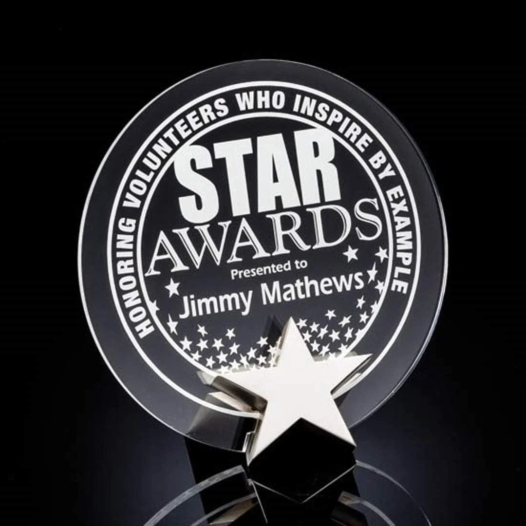 Custom Cast Metal Star Award Holds a Round Acrylic Panel for service anniversary gifts