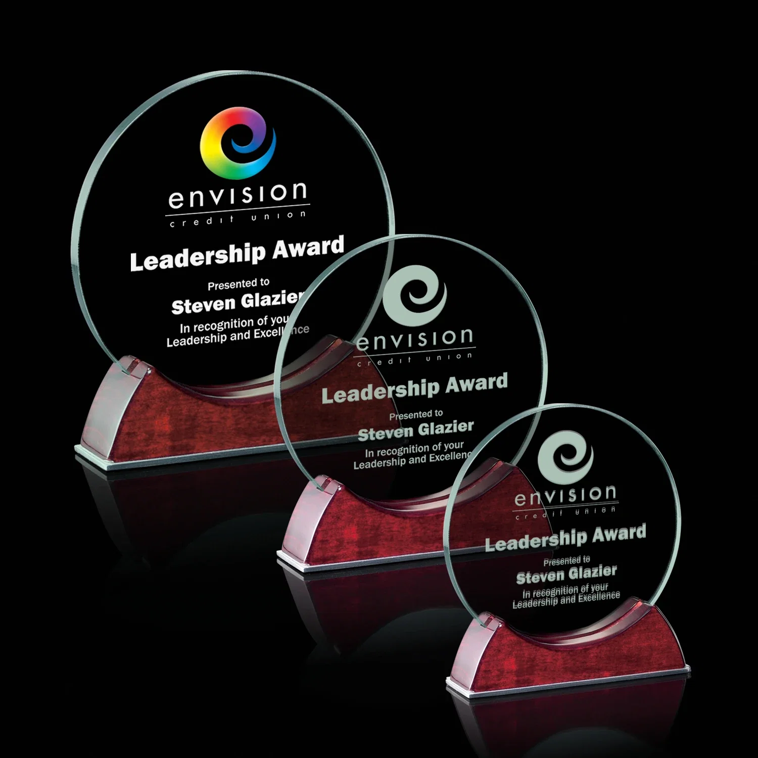 Custom Jade Glass Circle Award On A Rosewood Piano-Finish Base for employee recognition
