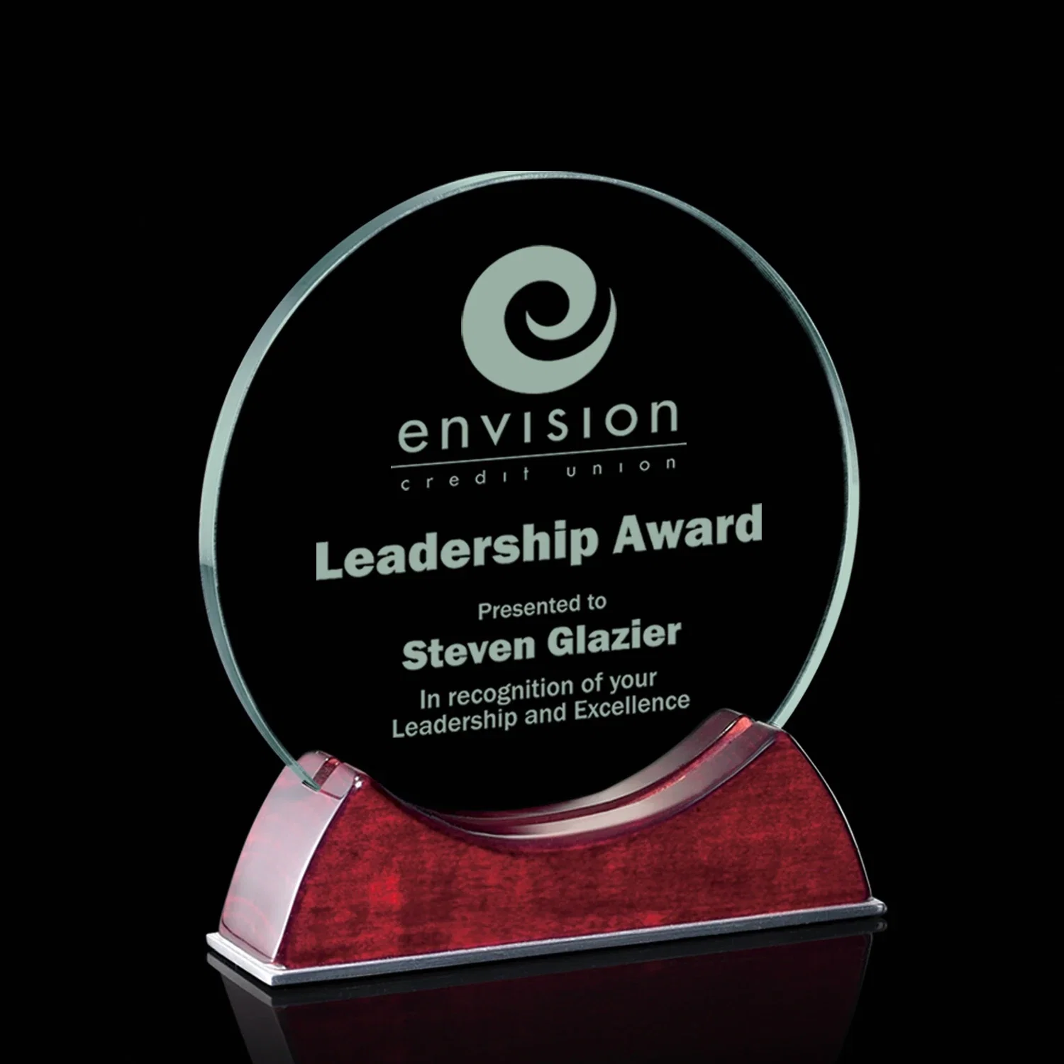 Custom Jade Glass Circle Award On A Rosewood Piano-Finish Base for corporate award ceremonies