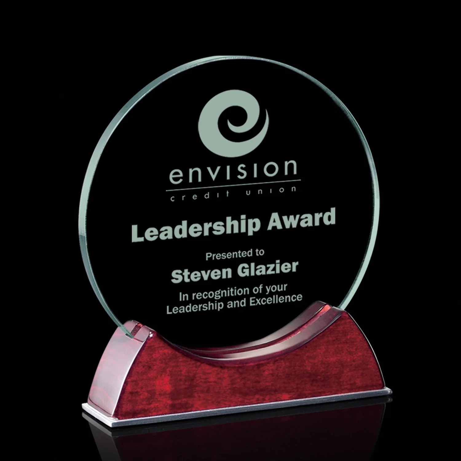 Custom Jade Glass Circle Award On A Rosewood Piano-Finish Base for service anniversary gifts