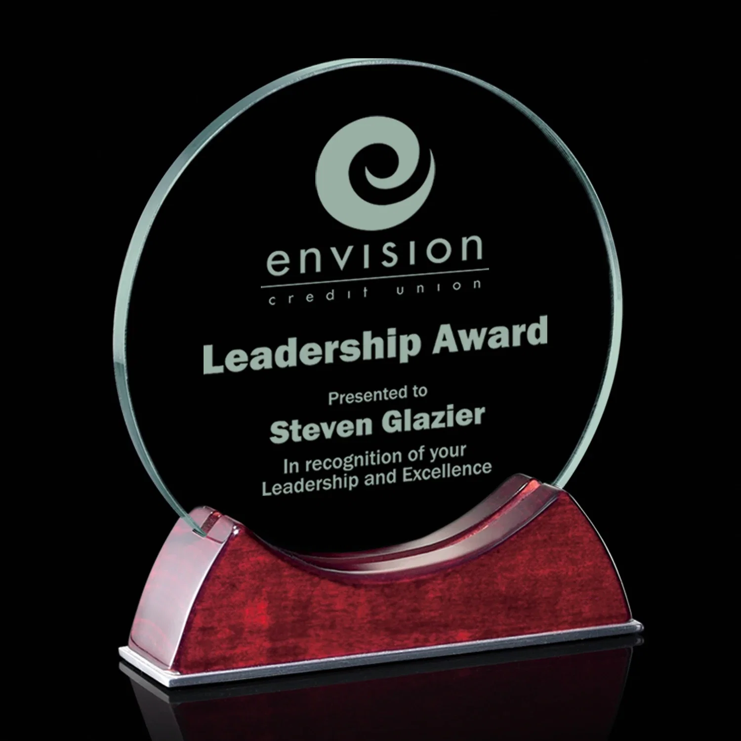 Custom Jade Glass Circle Award On A Rosewood Piano-Finish Base for sales achievement awards