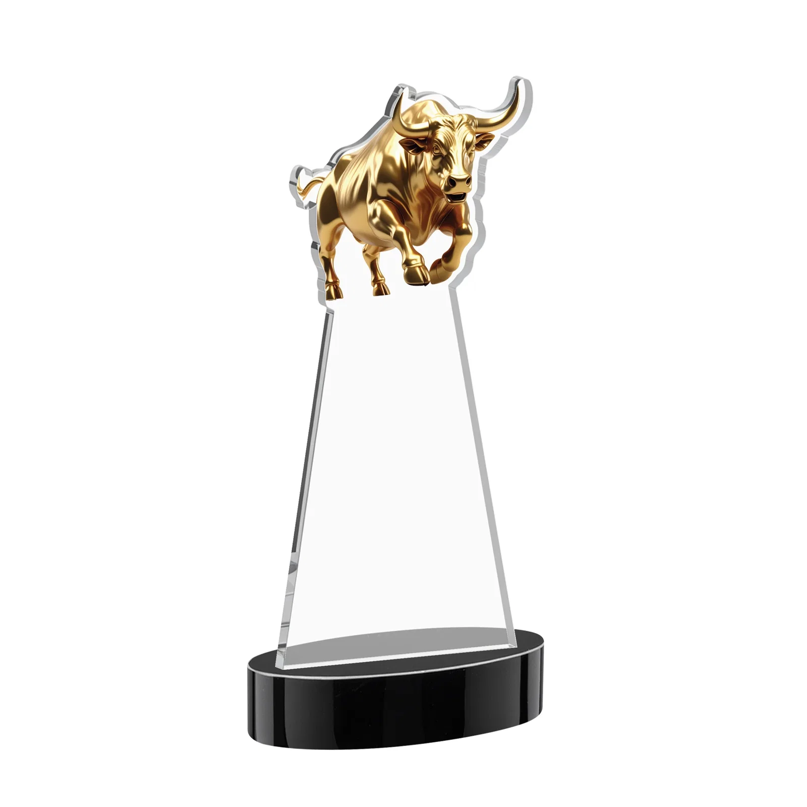 Custom Starfire Crystal Award With a Gold Bull Cutout, with your logo for corporate award ceremonies