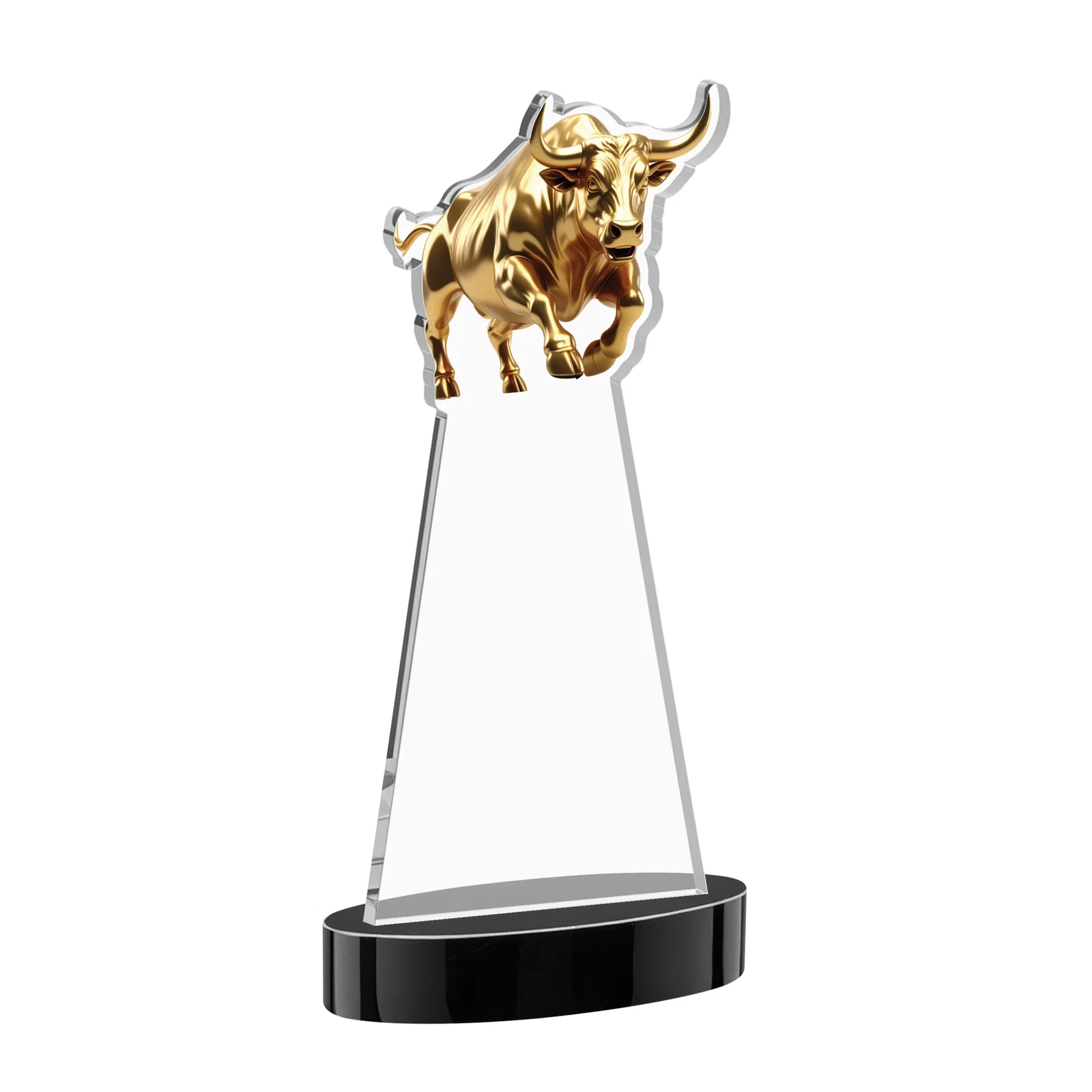 Custom Starfire Crystal Award With a Gold Bull Cutout, with your logo for service anniversary gifts