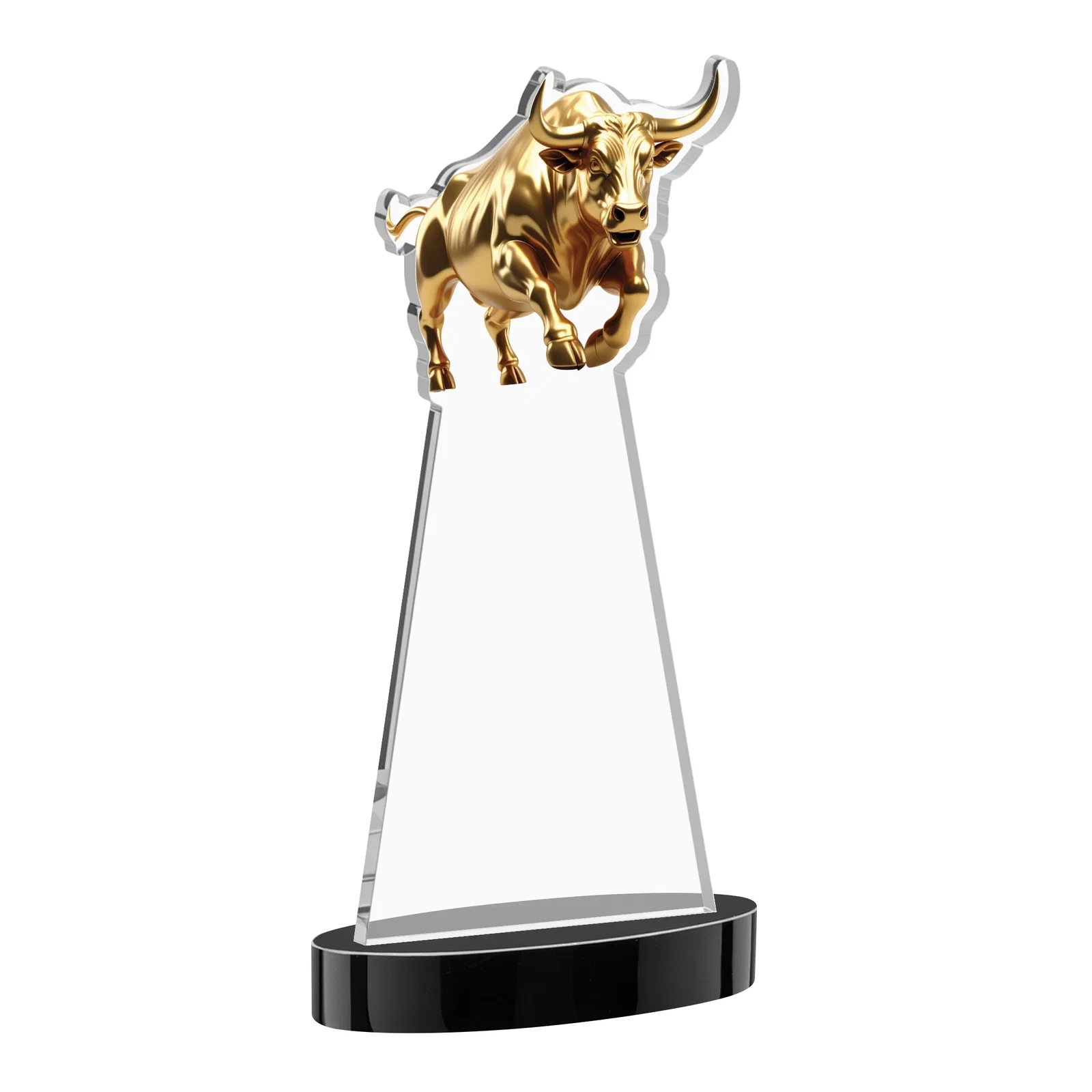 Custom Starfire Crystal Award With a Gold Bull Cutout, with your logo for sales achievement awards