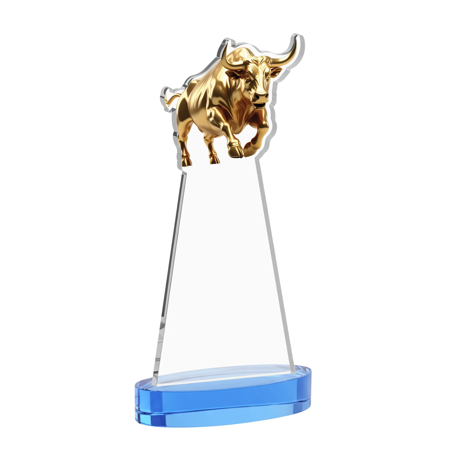Custom Starfire Crystal Award With a Gold Bull Cutout, with your logo for company anniversary events