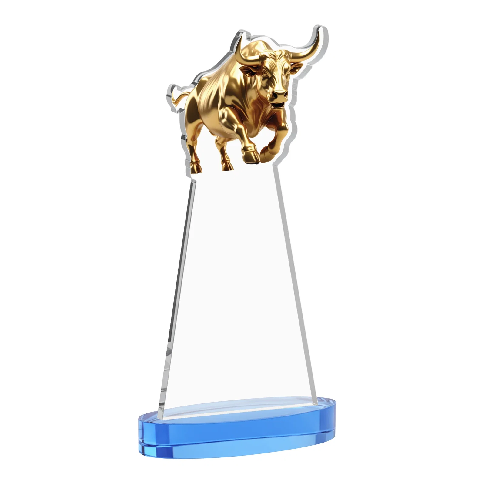Personalized Starfire Crystal Award With a Gold Bull Cutout, with your logo for employee recognition