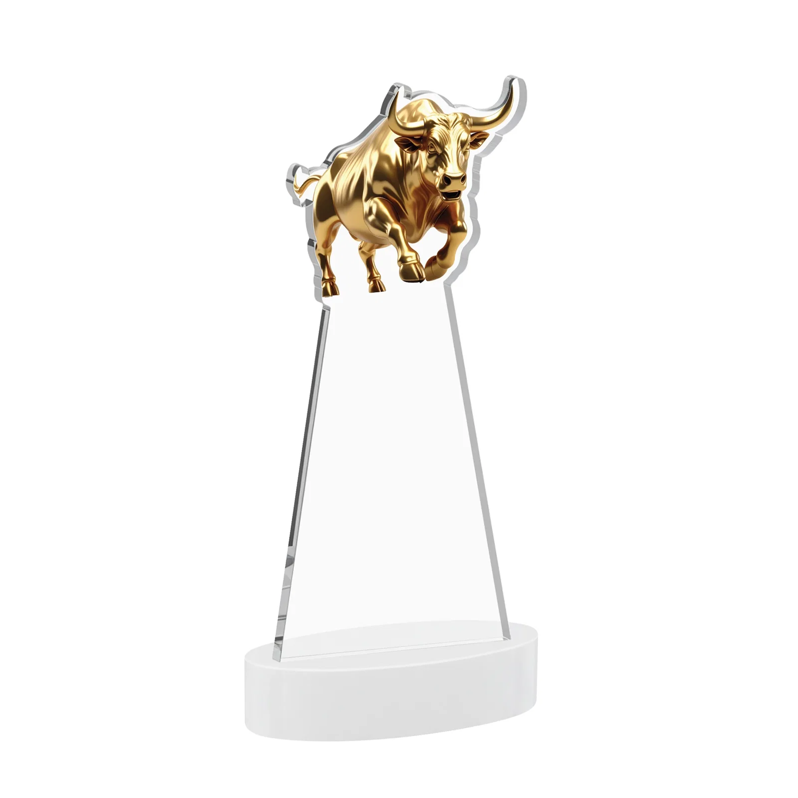 Personalized Starfire Crystal Award With a Gold Bull Cutout, with your logo for corporate award ceremonies