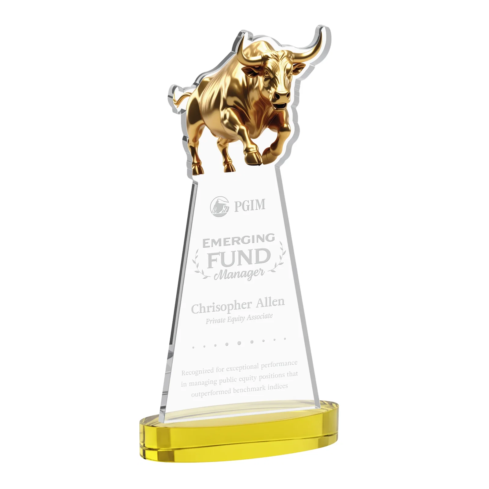 Personalized Starfire Crystal Award With a Gold Bull Cutout for employee recognition