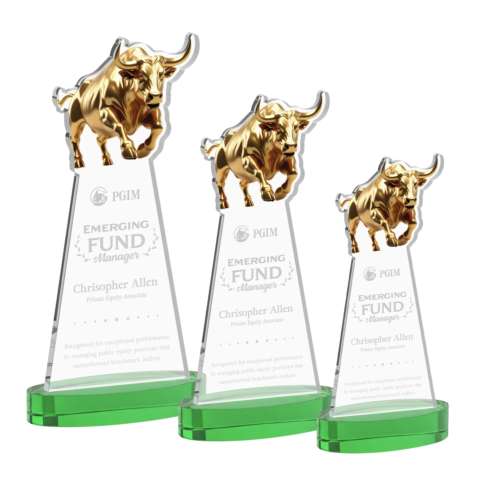 Personalized Starfire Crystal Award With a Gold Bull Cutout for corporate award ceremonies