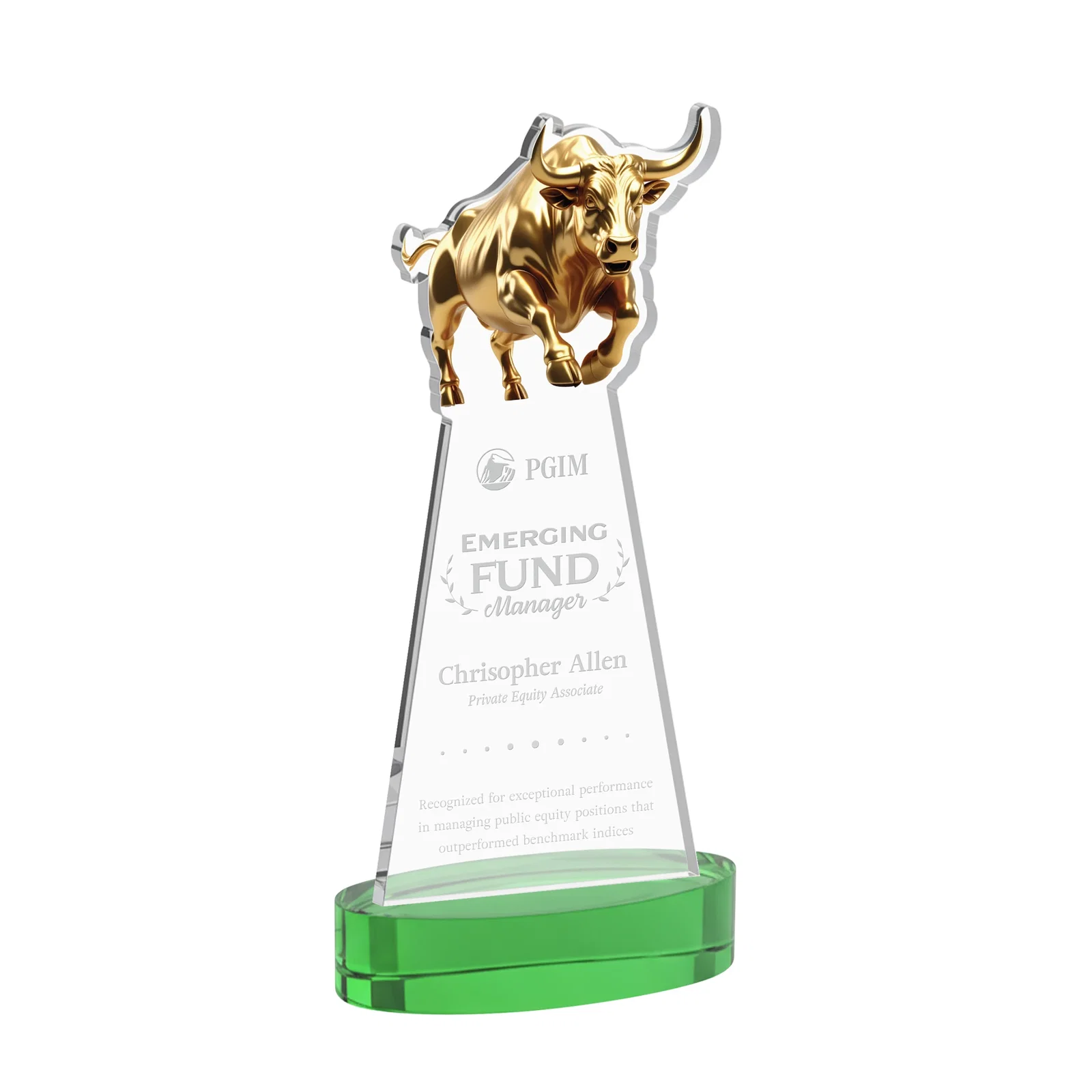 Personalized Starfire Crystal Award With a Gold Bull Cutout for service anniversary gifts
