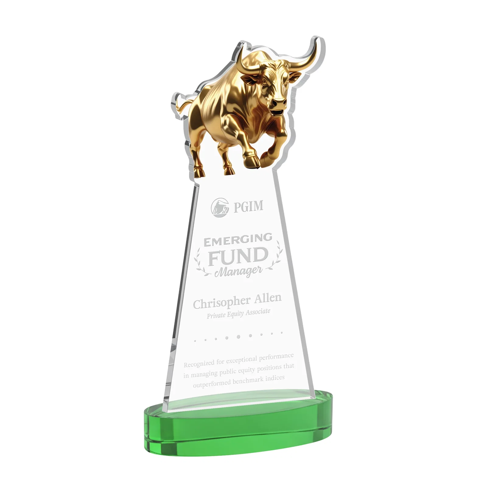 Personalized Starfire Crystal Award With a Gold Bull Cutout for sales achievement awards