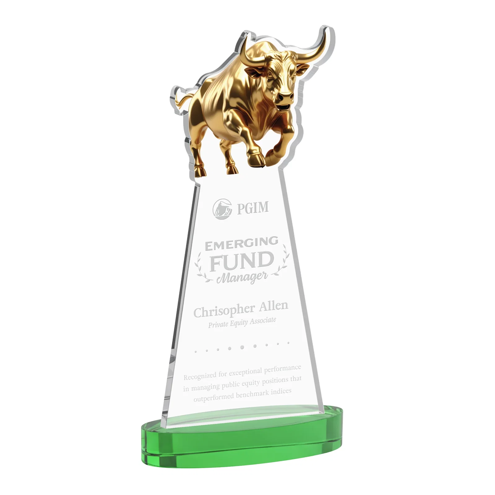 Personalized Starfire Crystal Award With a Gold Bull Cutout for retirement presentations