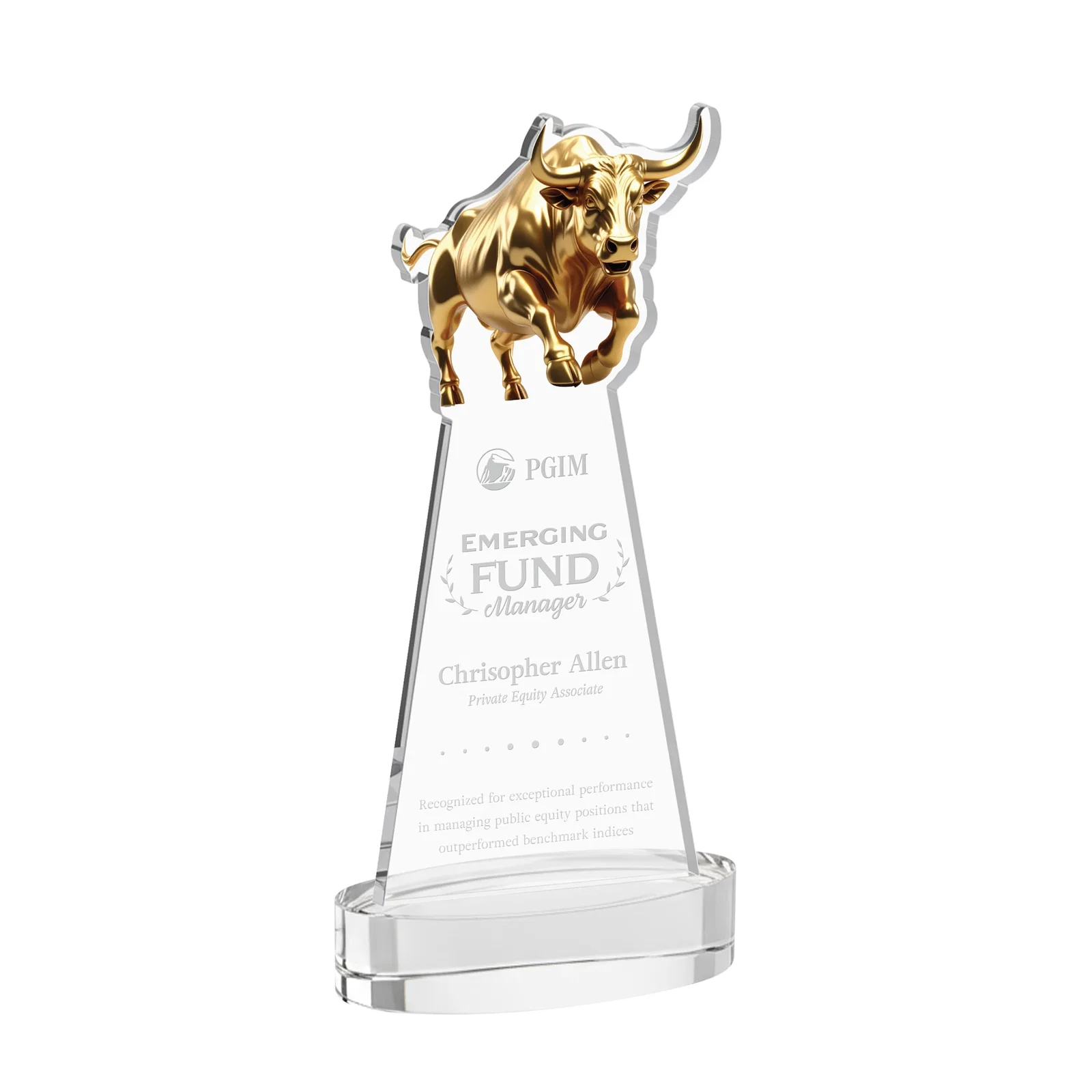 Custom Starfire Crystal Award With a Gold Bull Cutout for corporate award ceremonies