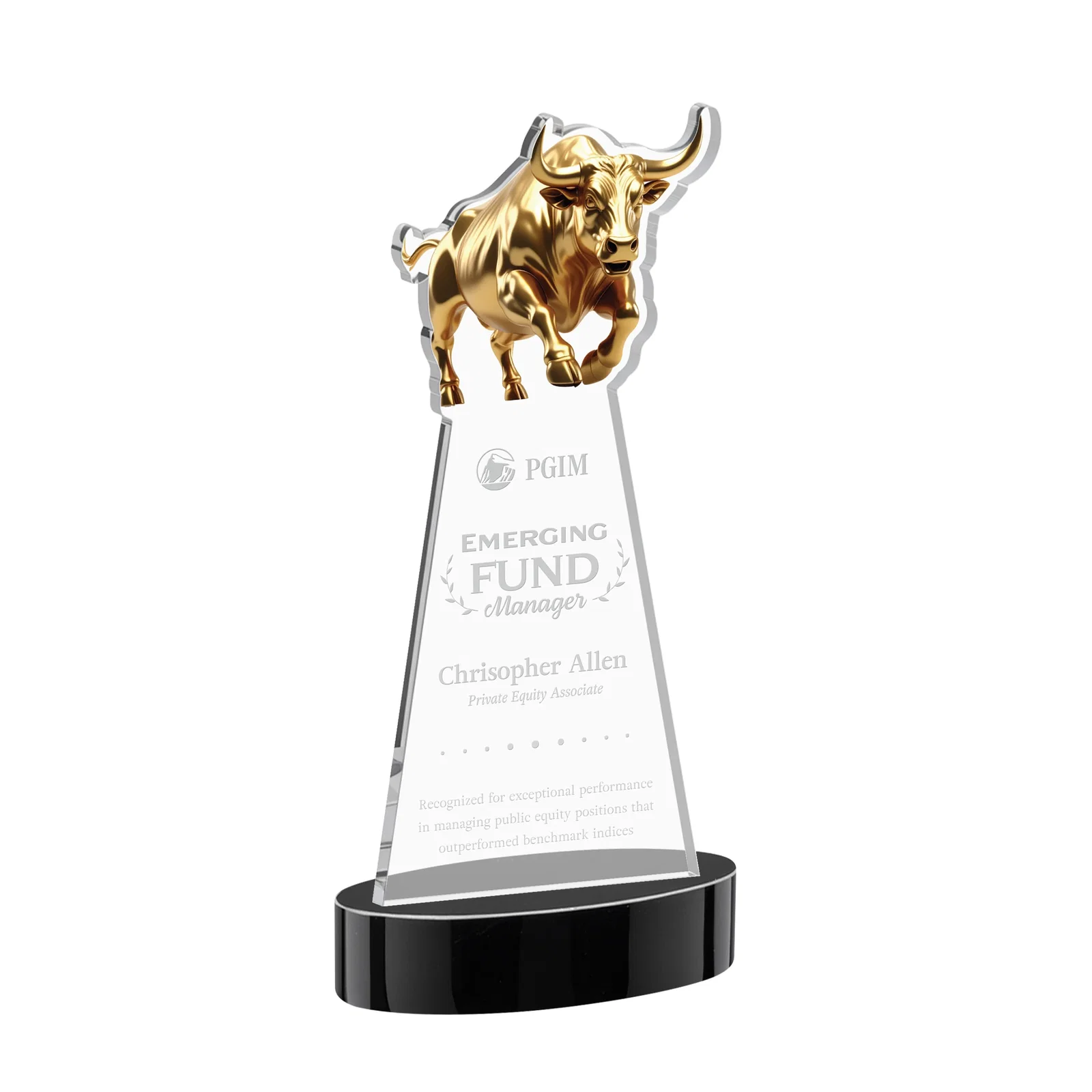 Personalized Starfire Crystal Award With a Gold Bull Cutout for donor appreciation