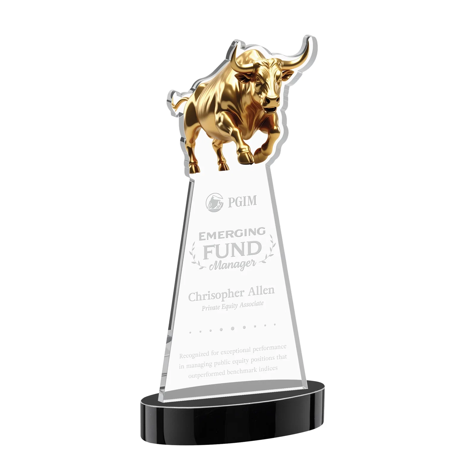 Personalized Starfire Crystal Award With a Gold Bull Cutout for graduation ceremonies