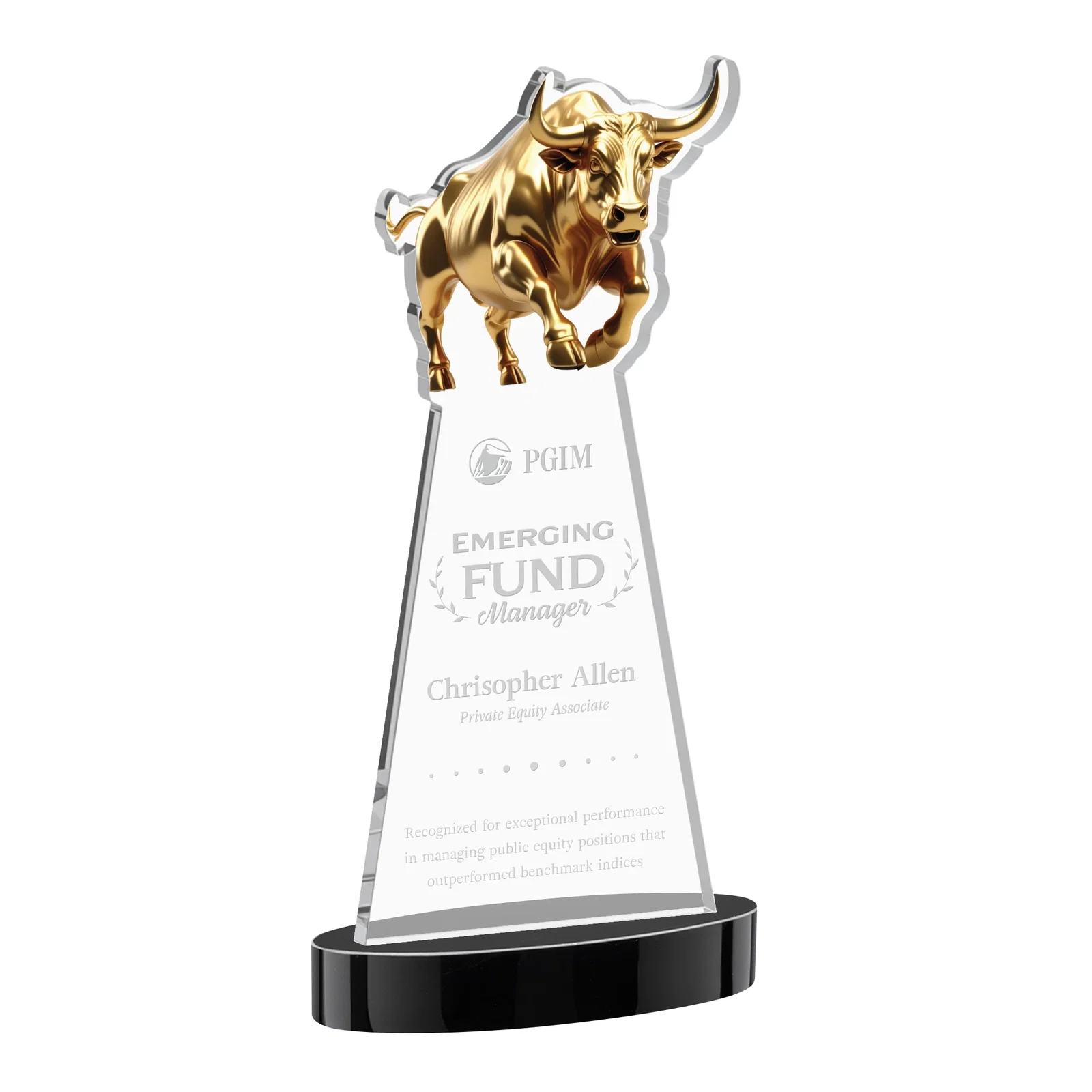 Personalized Starfire Crystal Award With a Gold Bull Cutout for safety achievement programs