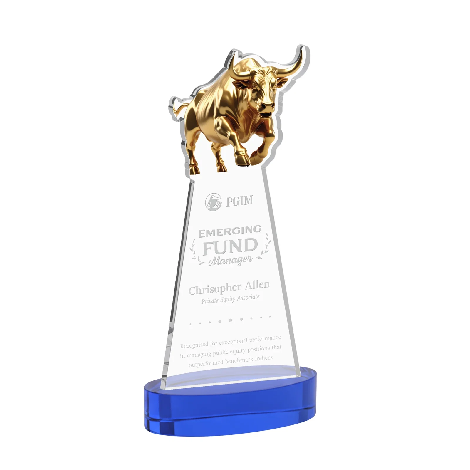 Personalized Starfire Crystal Award With a Gold Bull Cutout for dealer and partner awards