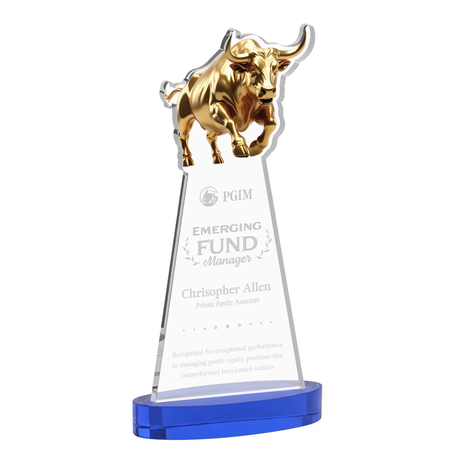Promotional Starfire Crystal Award With a Gold Bull Cutout for employee recognition