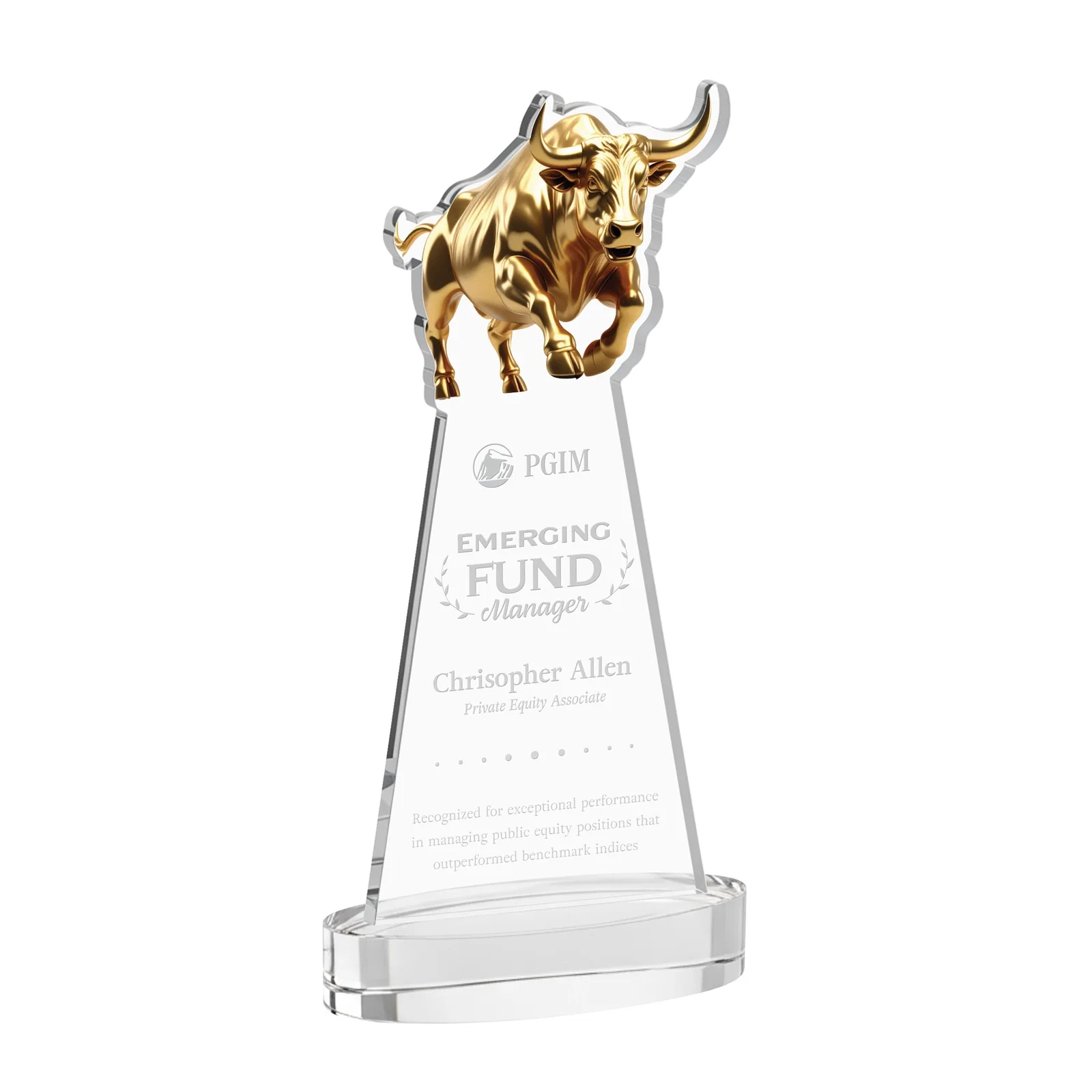 Custom Starfire Crystal Award With a Gold Bull Cutout for service anniversary gifts