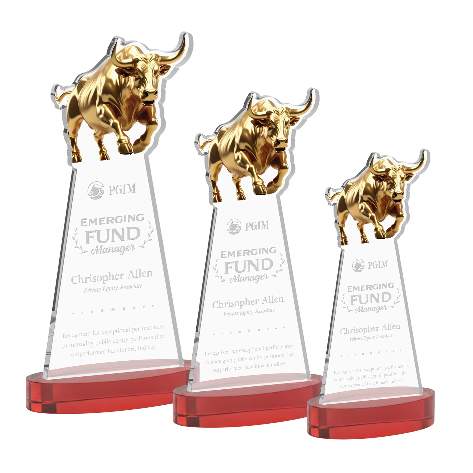 Promotional Starfire Crystal Award With a Gold Bull Cutout for corporate award ceremonies