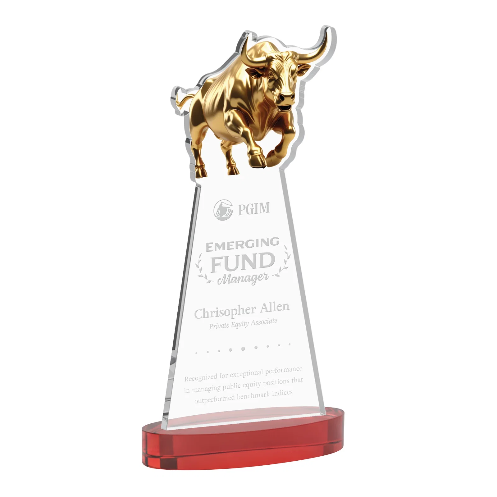 Promotional Starfire Crystal Award With a Gold Bull Cutout for retirement presentations