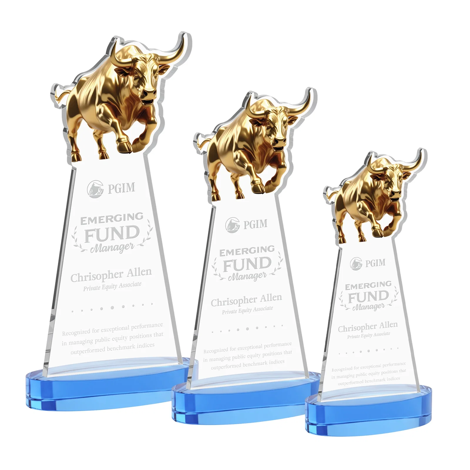 Promotional Starfire Crystal Award With a Gold Bull Cutout for team milestone celebrations