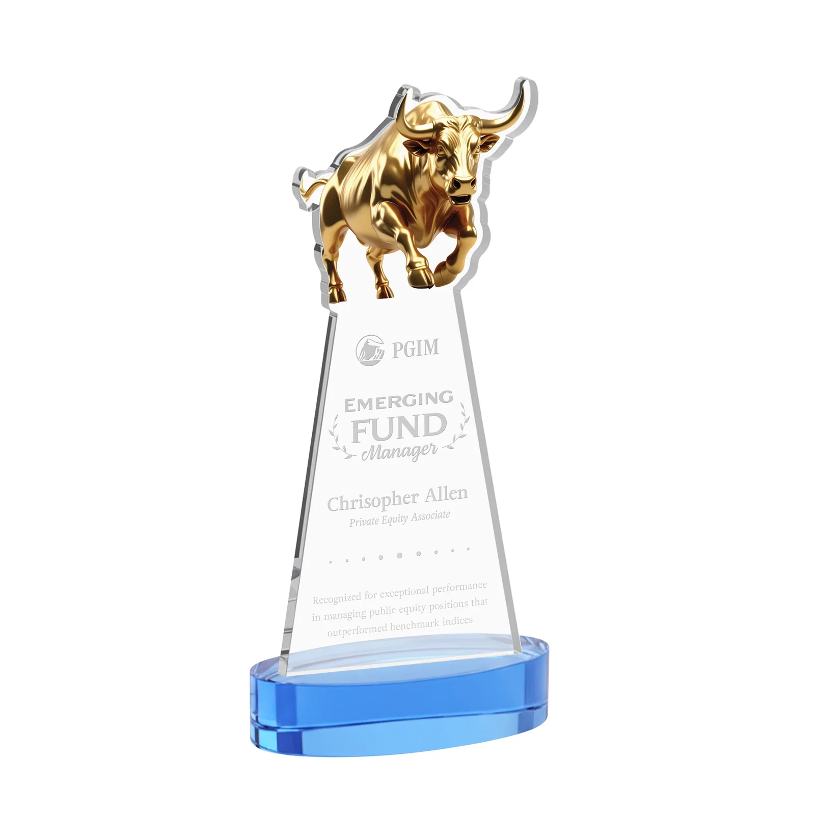 Promotional Starfire Crystal Award With a Gold Bull Cutout for donor appreciation