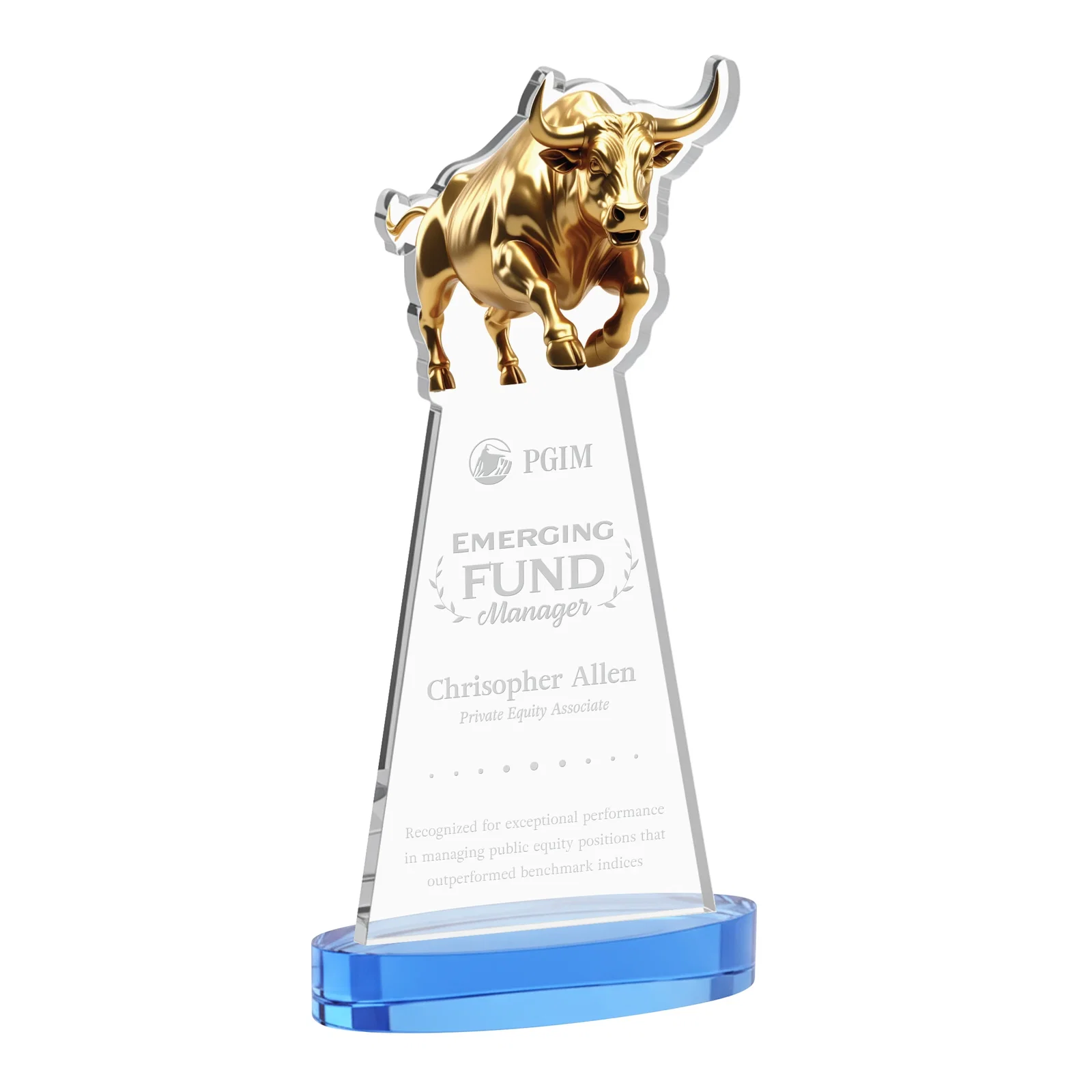 Promotional Starfire Crystal Award With a Gold Bull Cutout for safety achievement programs