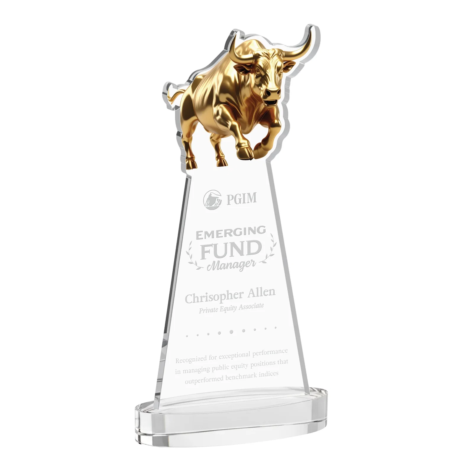 Custom Starfire Crystal Award With a Gold Bull Cutout for sales achievement awards