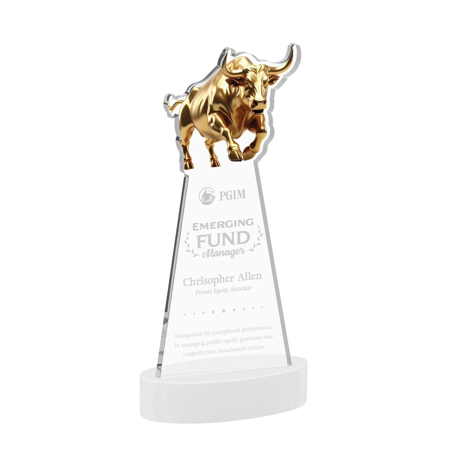 Promotional Starfire Crystal Award With a Gold Bull Cutout for dealer and partner awards