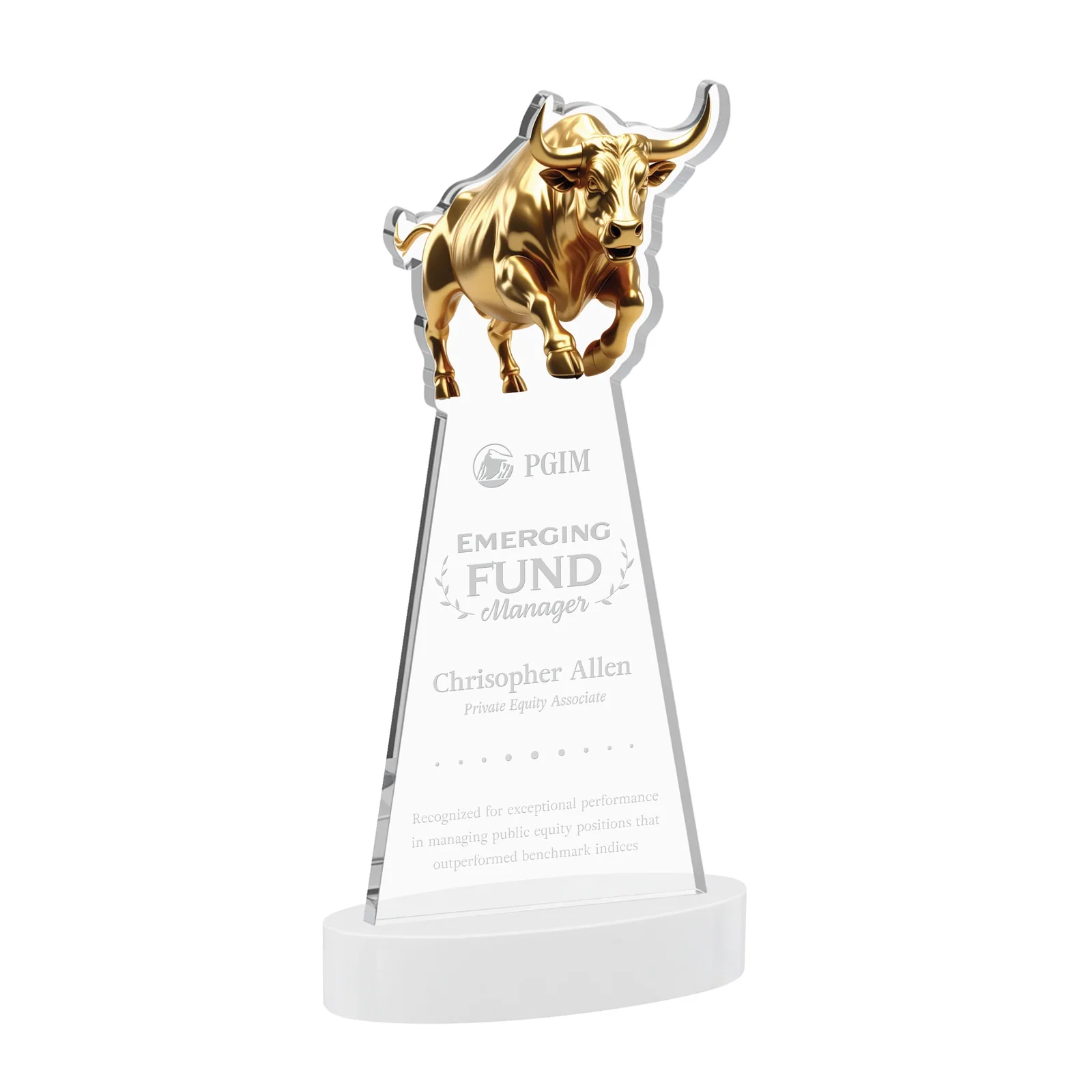 Promotional Starfire Crystal Award With a Gold Bull Cutout for company anniversary events