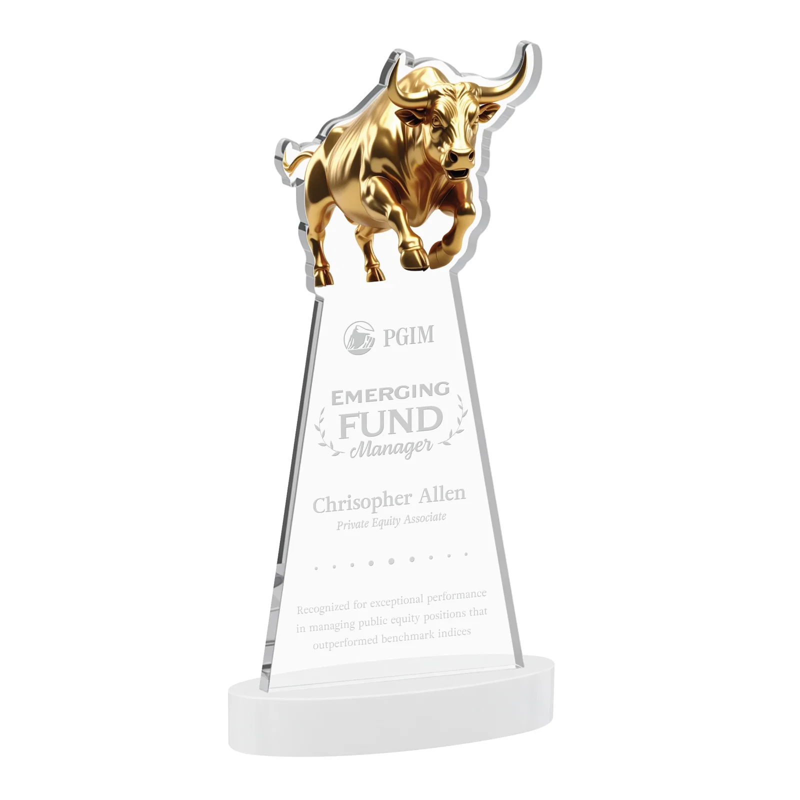 Branded Starfire Crystal Award With a Gold Bull Cutout for employee recognition