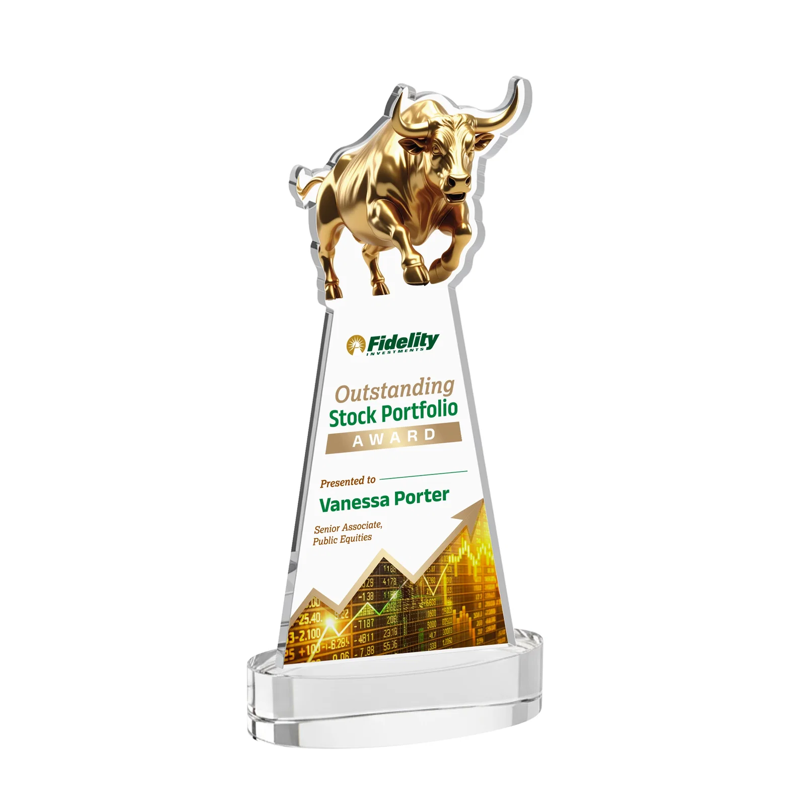 Branded Starfire Crystal Award With a Gold Bull Cutout for service anniversary gifts