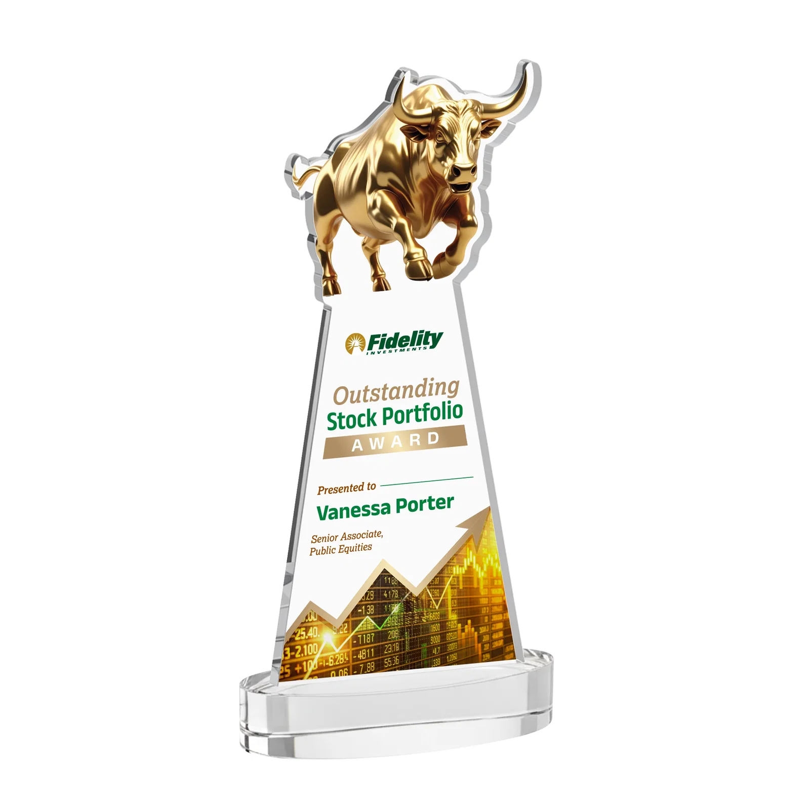 Branded Starfire Crystal Award With a Gold Bull Cutout for sales achievement awards