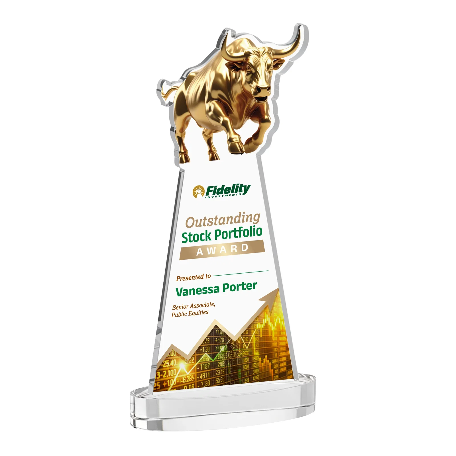 Branded Starfire Crystal Award With a Gold Bull Cutout for retirement presentations